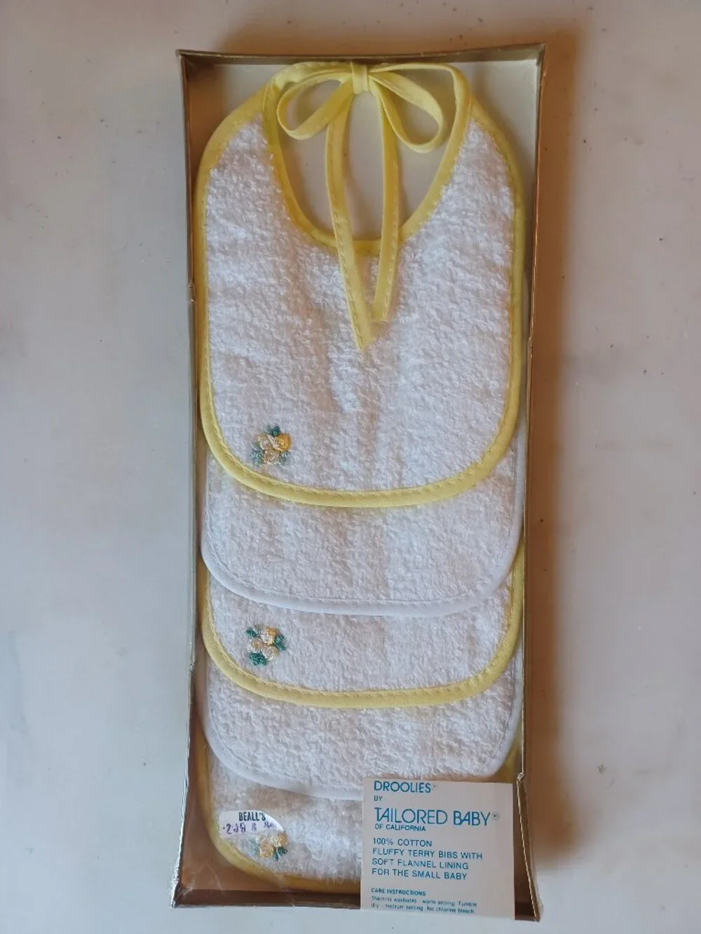 VTG Tailored Baby Droolies 5 Pack Bibs NOS Sealed Cotton Terry White Yellow SM